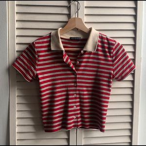 Brandy Melville red & navy striped short sleeve cropped polo